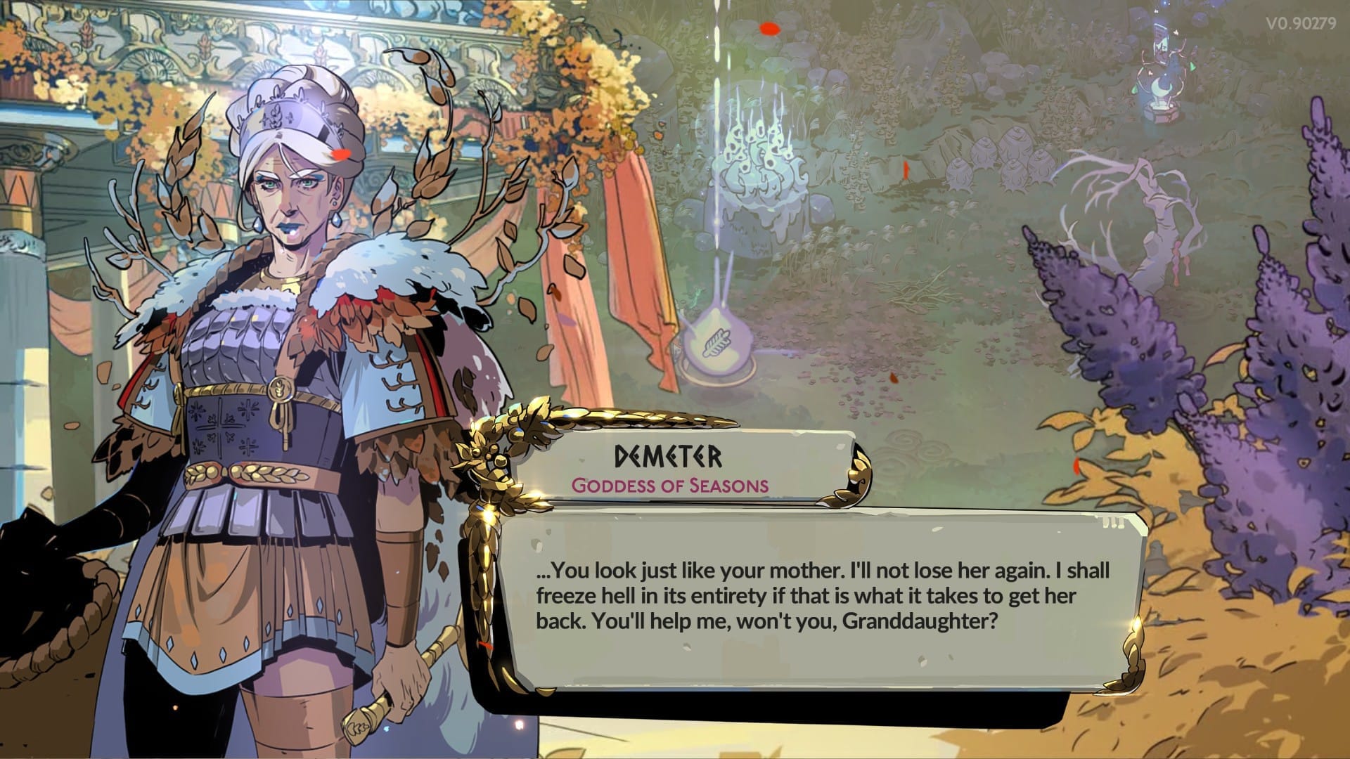 A Screenshot from Hades II, showing Demeter in frosty war gear, she's saying that Melinoë looks just like Persephone, and Demeter is prepared to freeze hell to get her back.